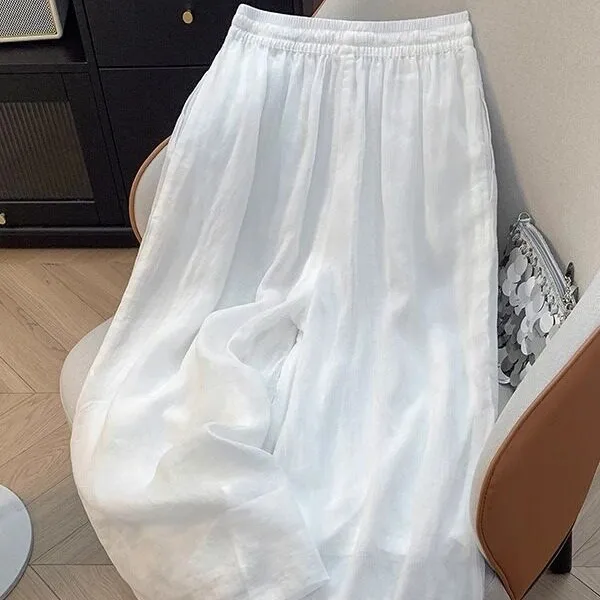Women's Ruffled Hem Wide-Leg Pants, Elastic Waist Casual Culottes with Embroidery & Side Pockets, Loose-Fit Summer Trousers