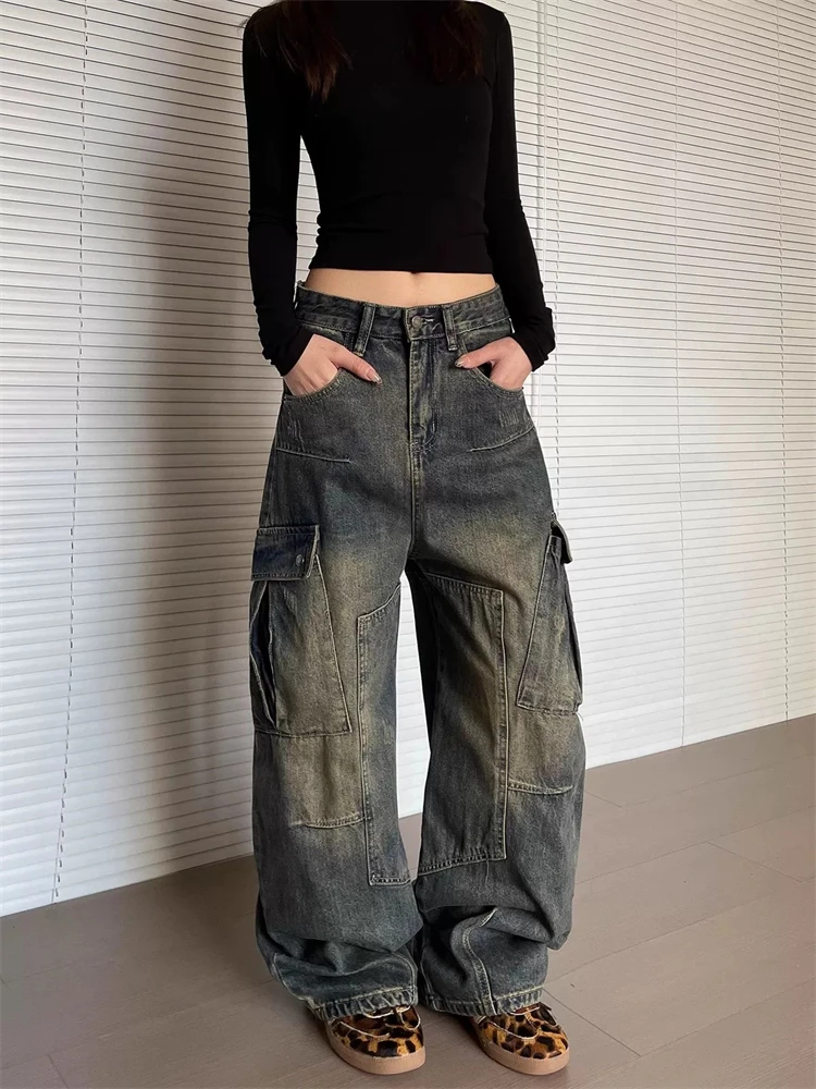 Women's Multi-pocket Design Retro Jeans 90s Casual Streetwear Unisex Pants Female Wide Leg Trousers Sweatpants Women