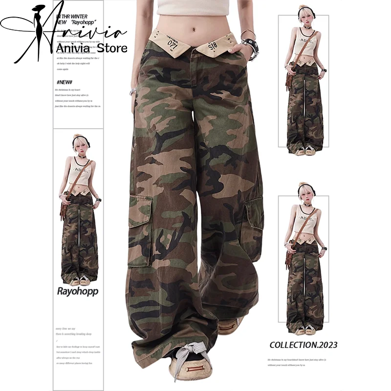 

Women's Spring and Autumn Korean Edition Flip Collar American Retro Work Pants Design Loose Wide Leg Y2K All-match Baggy Pants