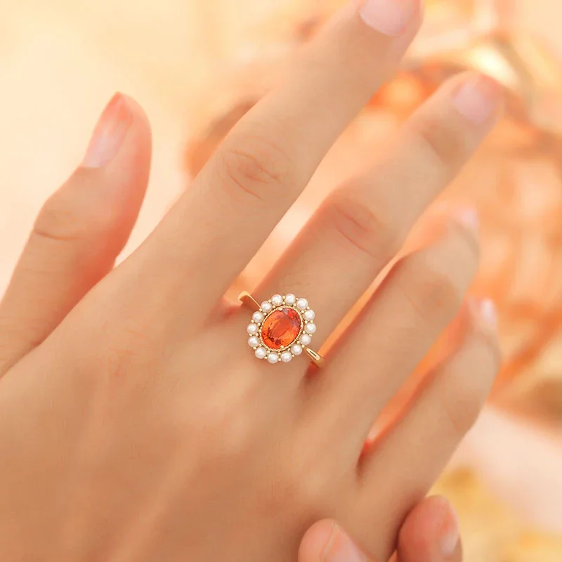 Original New S925 Silver Orange Ruby Oval Ladies Ring Open Pearl Light Luxury Sweet And Fresh To Attend The Wedding Jewelry