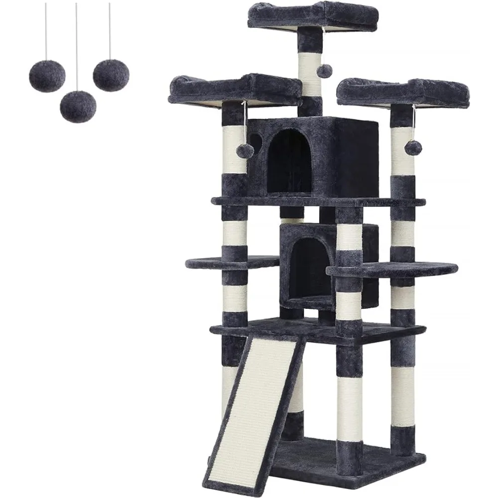 

67-Inch Multi-Level Cat Tree for Large Cats Smoky Gray UPCT18G With Cozy Perches Stable Scratching Post Cats Scratcher Bed Frame