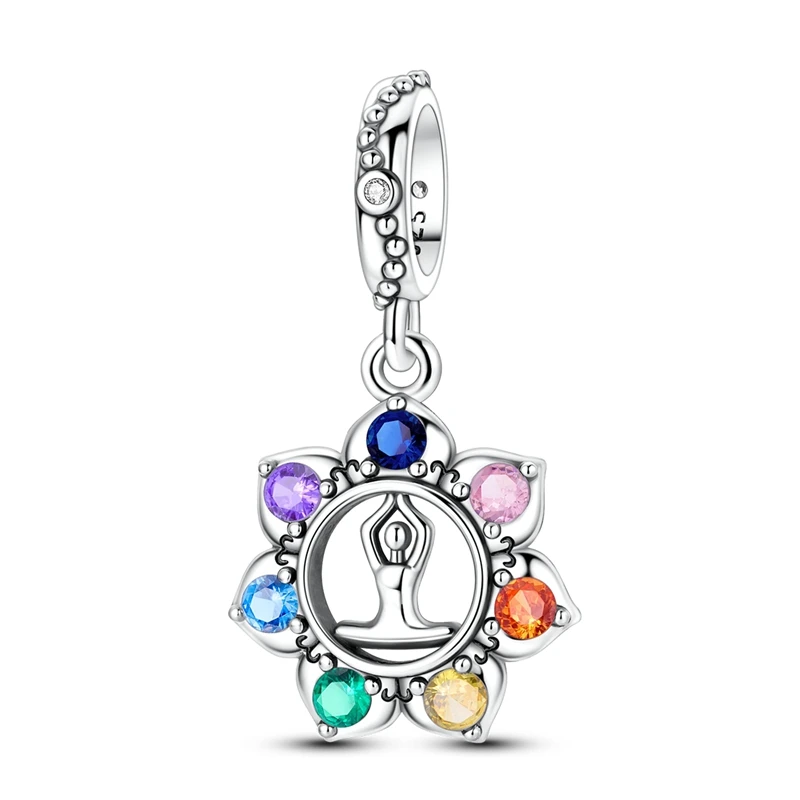 Bunte Yoga-Chakren-Anhänger Perle 925 Sterling Silber CZ Zirkon Anhänger Passend für Original-Armband DIY Schmuck Geschenk