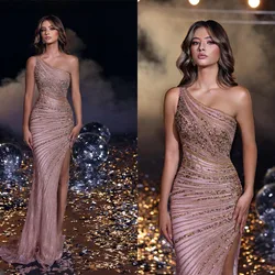 Classic Mermaid Evening Dresses For Women Sequins One Shoulder Gowns Slim Fit Skirt Party Split Sweep Train Dress فساتين السهرة