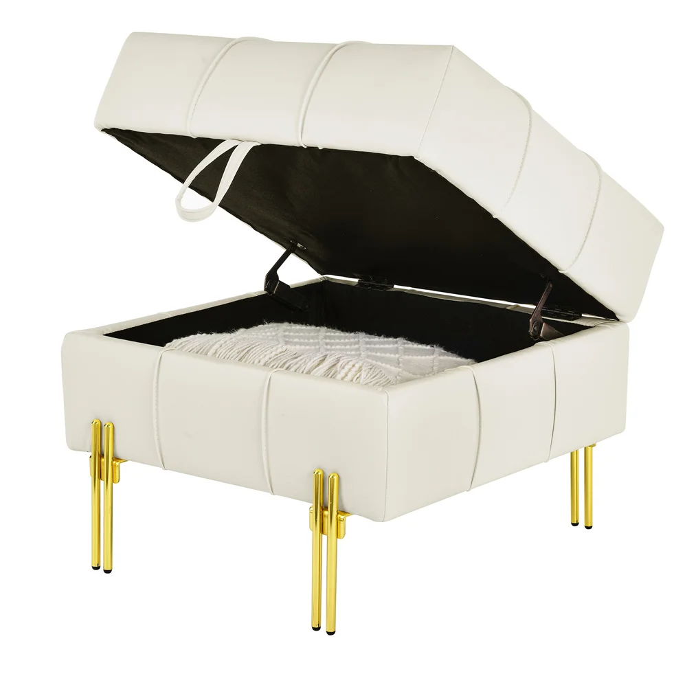 Tabouret de rangement en surface de cuir de 22 pouces, pieds en acier inoxydable doré, banc au design simple, beige.