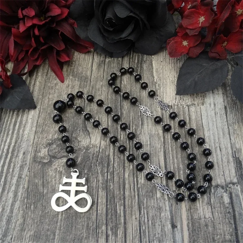 PERSONALIZED Black Rosary with a Stainless Steel Leviathan Cross, Satanic Necklace, Black Pearl Necklace, Demons Prayer Chain