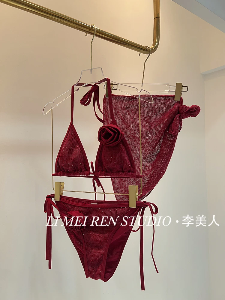 

New Rose wine red glitter bikini swimsuit three piece set