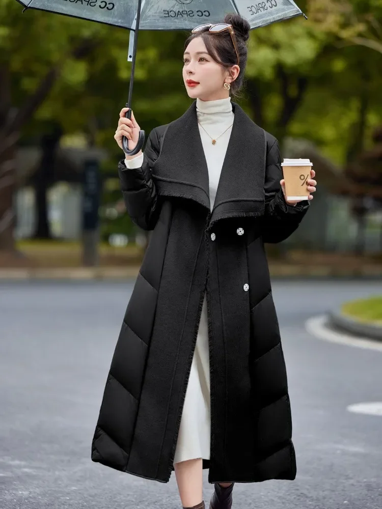 Femmes 2025 nouveau hiver haut Long vêtements épaissi chaud blanc canard vers le bas manteau Patchwork laine gland doudoune femme