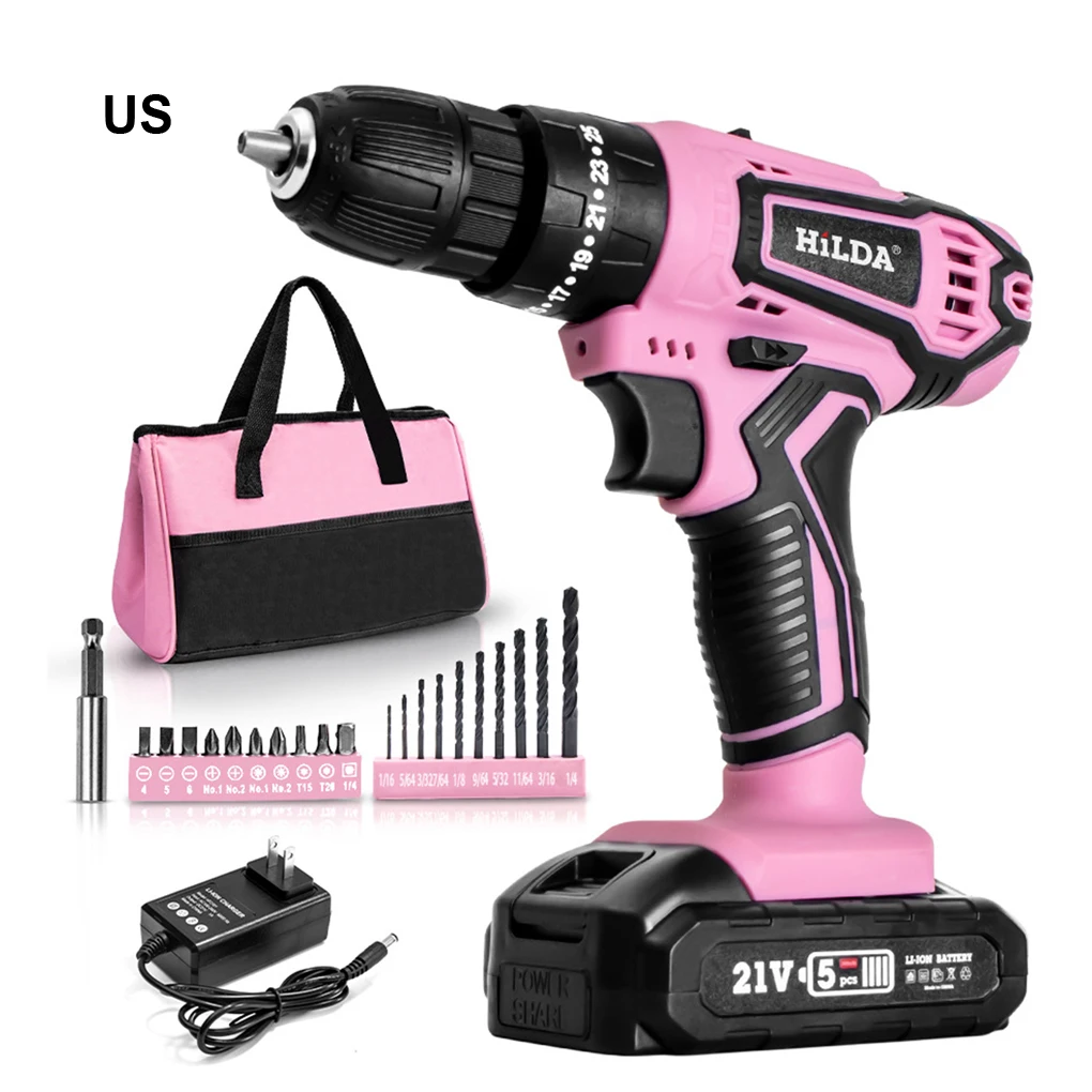 HILDA 21V Rechargeable Household Impact Drill Lithium Battery Hand Drill Electric Screwdriver Set with Drill Bits Bag