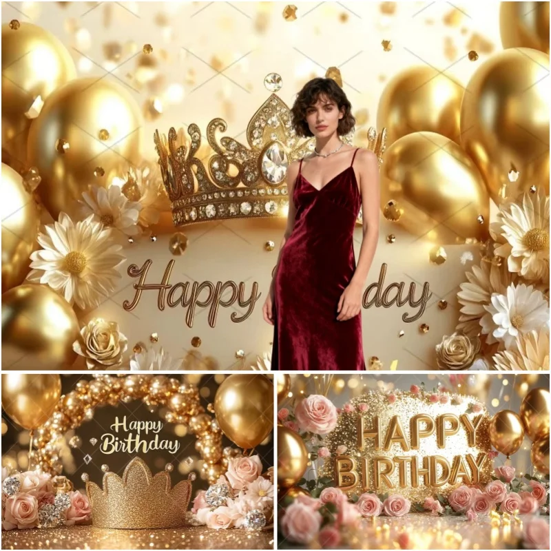 Golden Crown Ballon Rose Thema Happy Birthday Party Flash Wunderschöne Fotografie Hintergrund Schießen Banner Dekoration Lieferungen