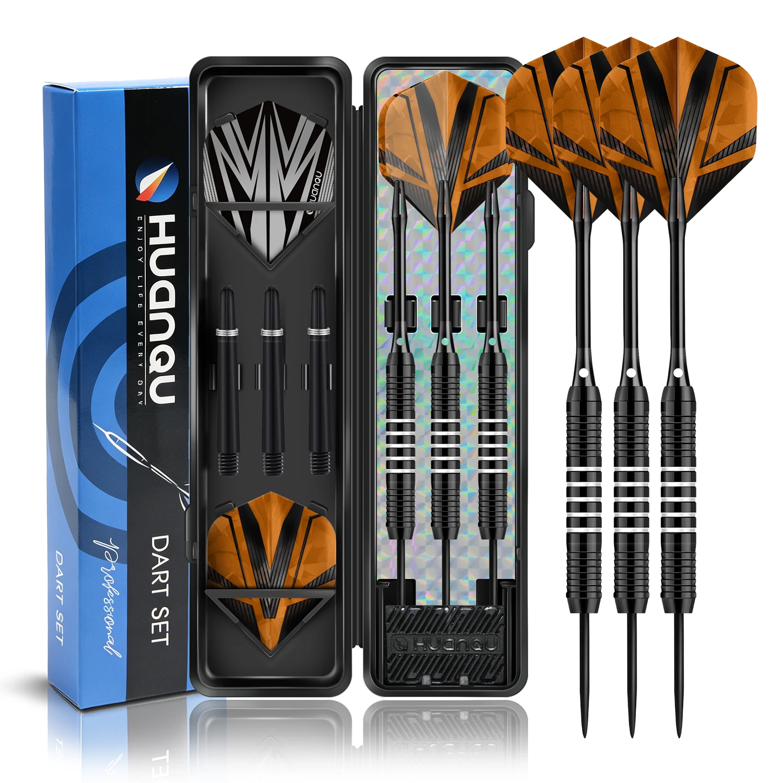 HUANQU 3pcs 24g Iron Darts Set for Adults, 2BA Thread, Ring Grip Barrels, Flights, Storage Case for Indoor Practice and Games
