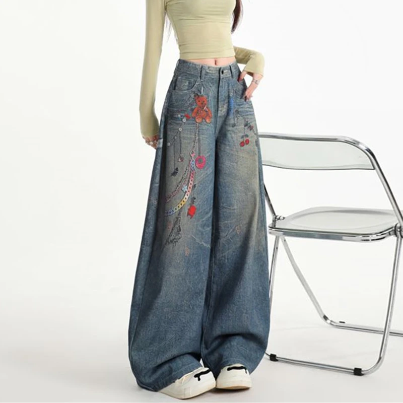 FINEWORDS Retro High Waist Washed Printed Jeans Women Wide Leg Korean Jeans Streetwear Harajuku Easymatch Full Length Baggy Jean