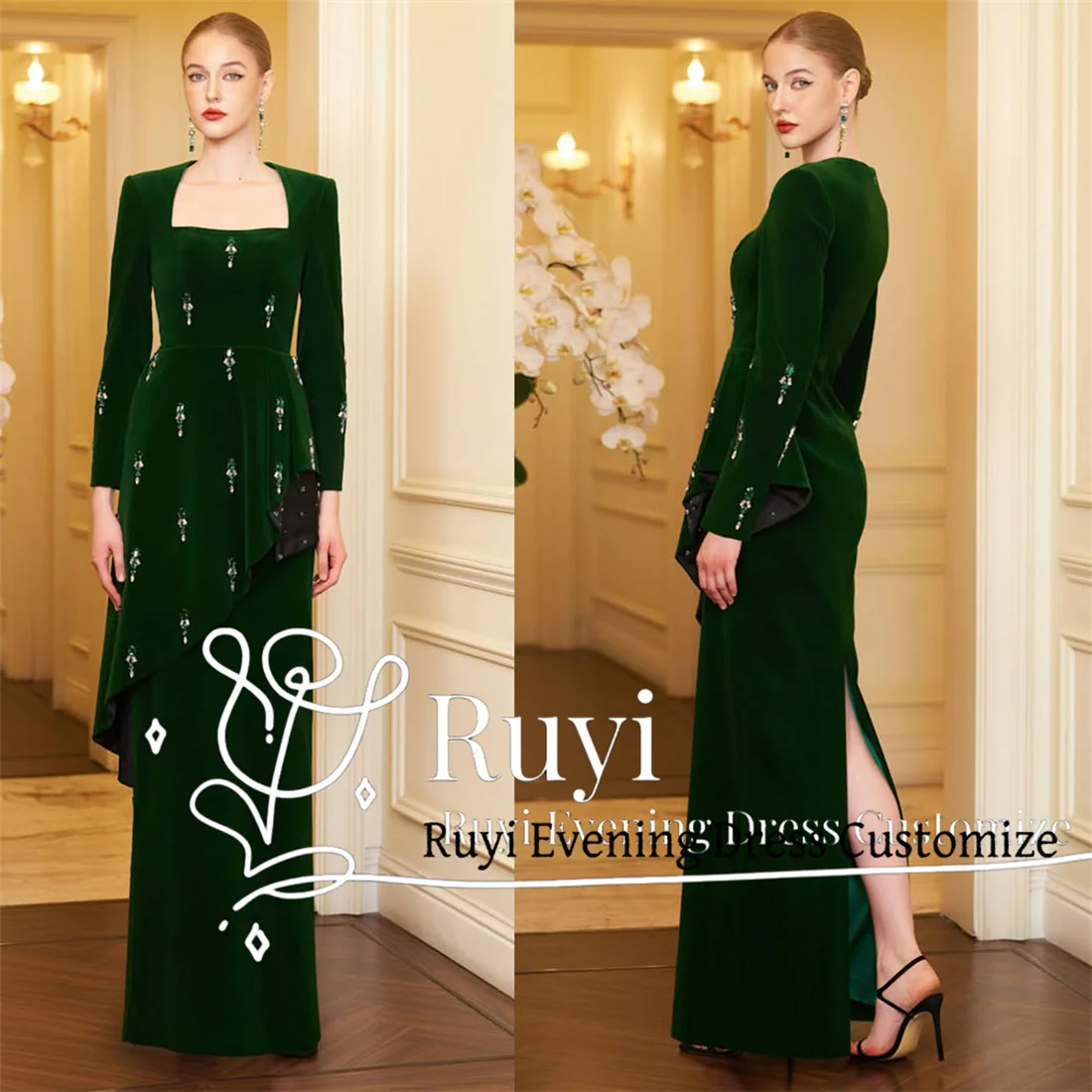 Customized Green Velvet Beaded Stones Elegant Women Evening Dress Long Sleeves Back Slit Formal Prom Dress For Special Occasion