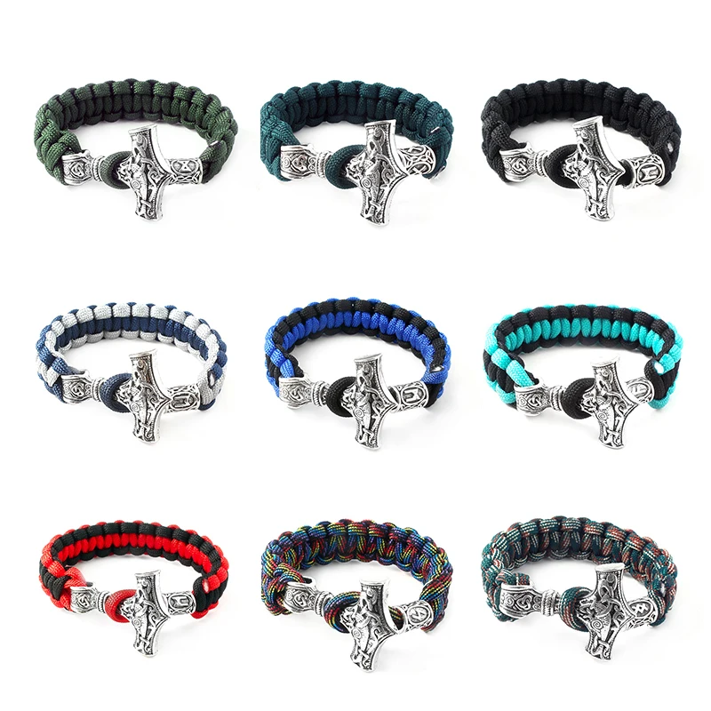 Norse Viking Bracelets Thor Mjolnir Hammer Paracord Armband Amulet Rune Knot Scandinavian Bangles Men Jewelry Gifts