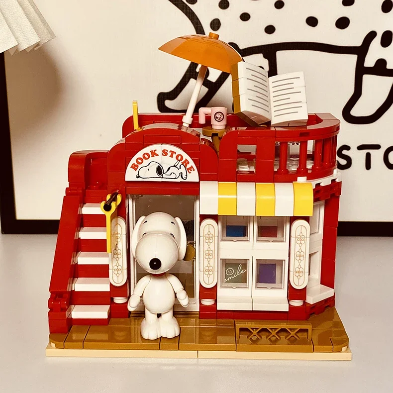 Engraçado snoopy mini blocos de construção vista rua loja diy casa na moda cena montado modelo tijolos figura brinquedos para o presente natal