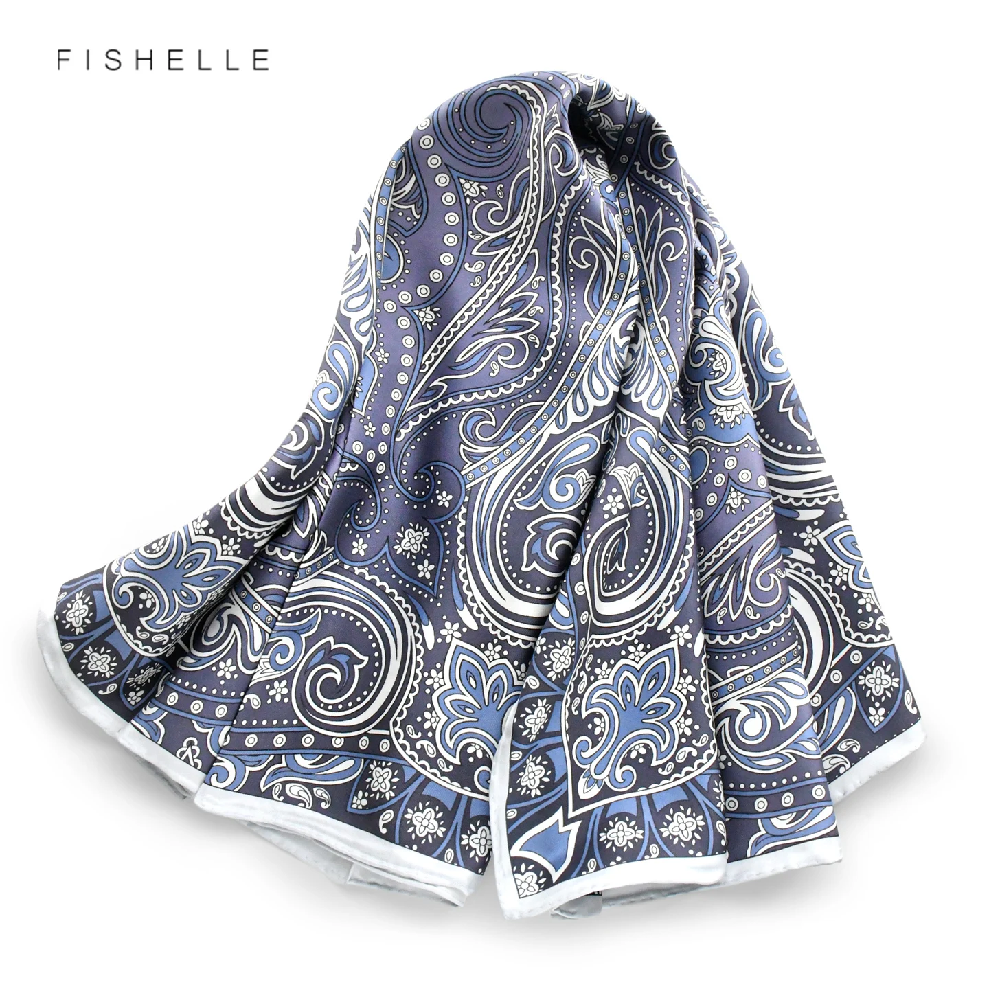 

Gray Blue Paisley 100% Mulberry Silk Women Scarf 90X90 Twill Bandana Kerchief Luxury Shawl Wrap Ladies' Gift Headscarf