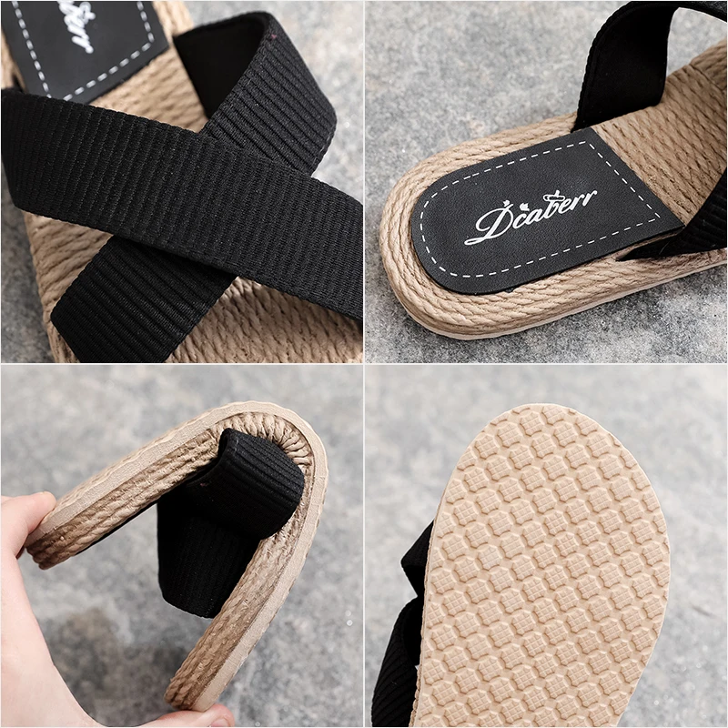 Fashion Beach Faux Cane Slippers Women Flat Heel Outdoor Summer Slides Canvas Sewing Cross Strap Ladies Shoes Female Sandals