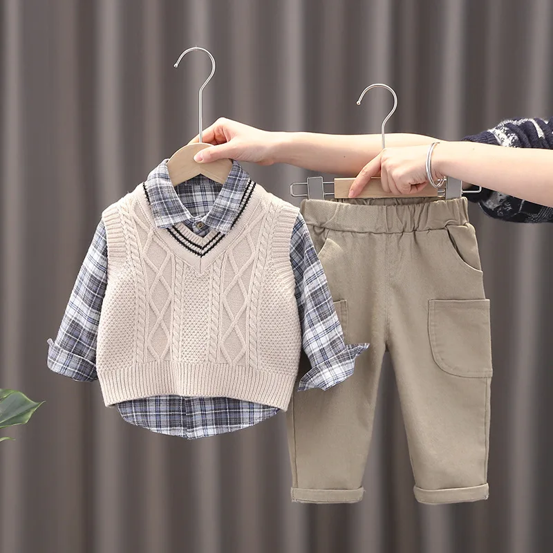 Baby Boy Clothes Mother Kids Spring Clothing Sets Sweater Vest 3pcs  Toddler Pants Cotton Korean Version of Children\'s Set Suit