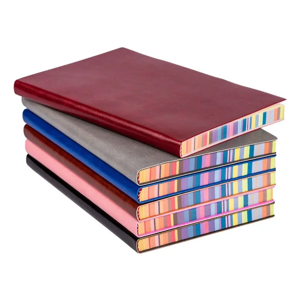 Soft Leather Cover Rainbow Edge Notebook Thickened Waterproof Work Meeting Record Book Horizontal Line 200 Pages