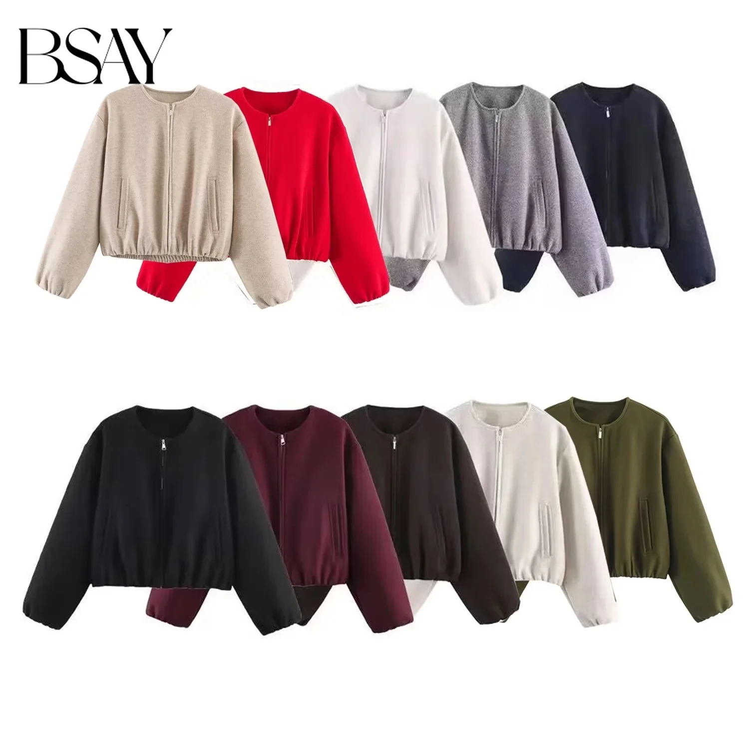 BSAY 2026 Autumn New Women Round Neck Zip Up Cropped Bomber Jacket Long Sleeve Elastic Hem Pocket Loose Casual Short Outerwear