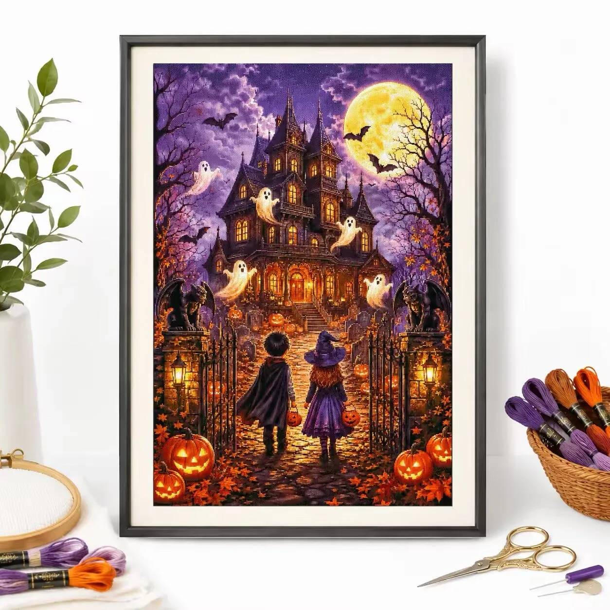 ZZ9214 Children on Halloween Night 14CT 16CT 18CT Stamped Canvas Cross Stitch DIY Set Needlework Embroidery 122 Colors