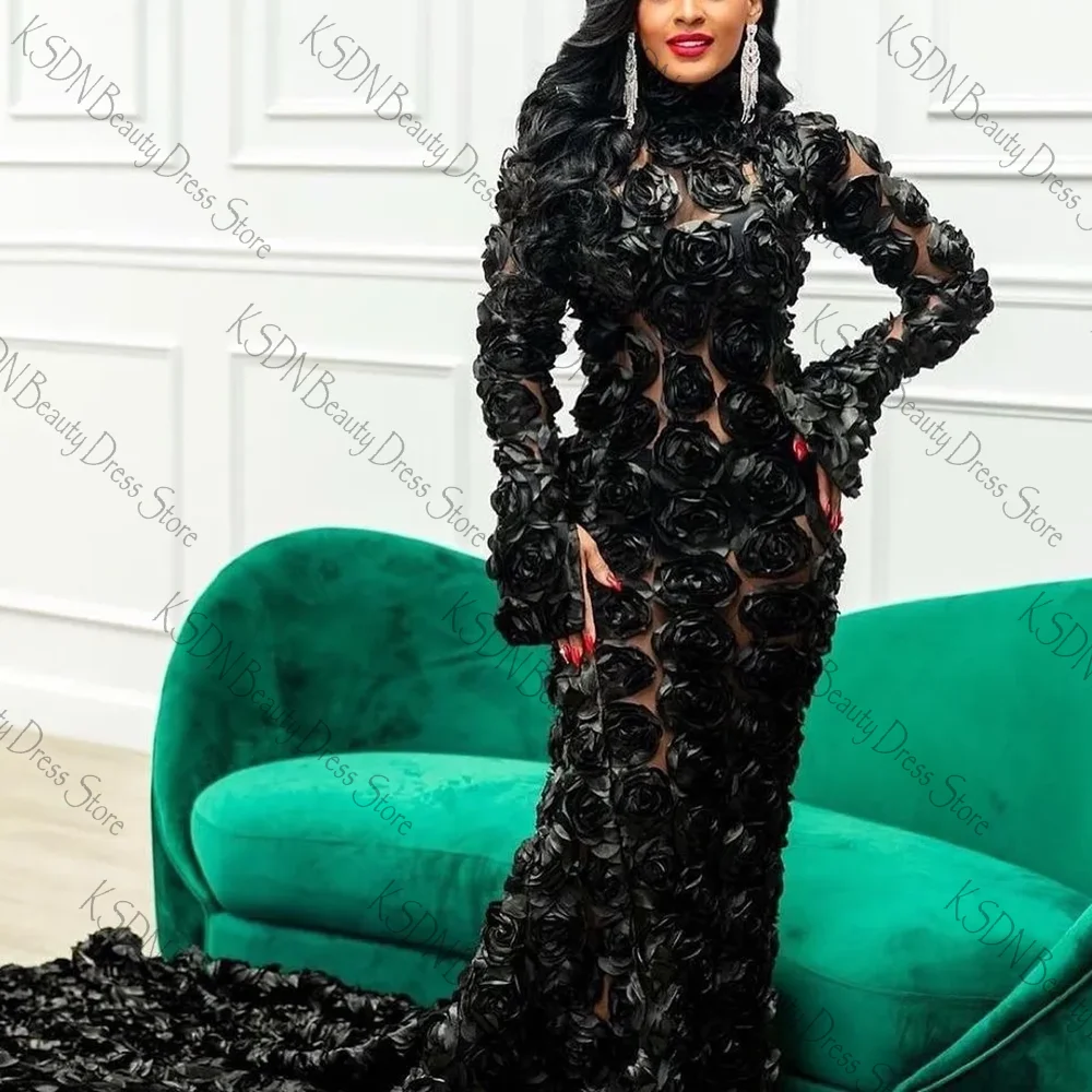 Full Black Flowers High-neck Long Sleeves Evening Dress Female Formal Party Prom Gown Vestidos De Fiesta