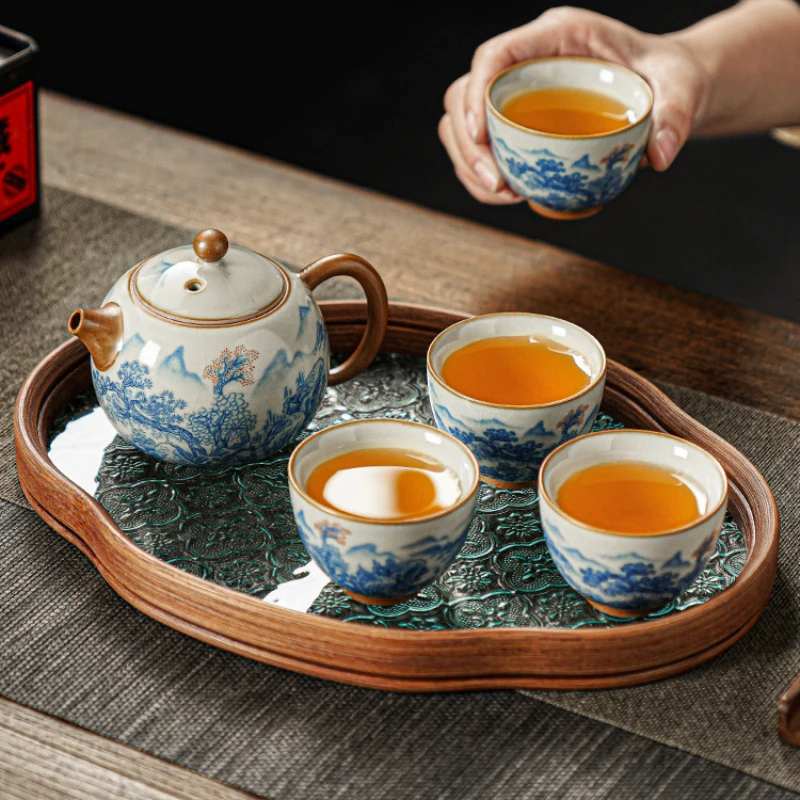 

Huang Ru Kiln retro teapot landscape ceramic Teaware simplicity small household light luxury high-end kung fu tea cup tea tray