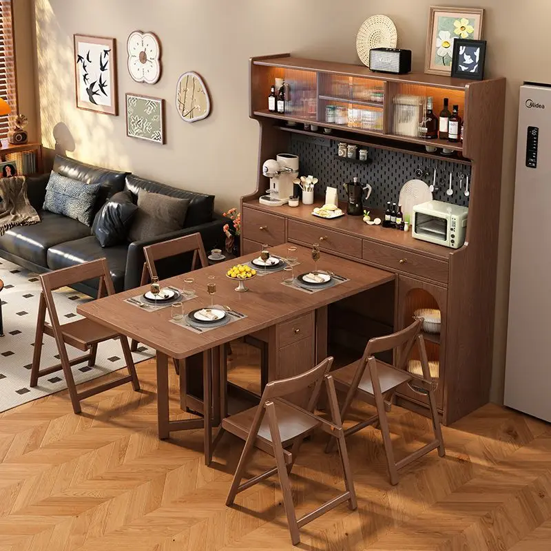All solid wood folding dining table, side cabinet, integrated table, household small apartment, retractable mobile multi-functio