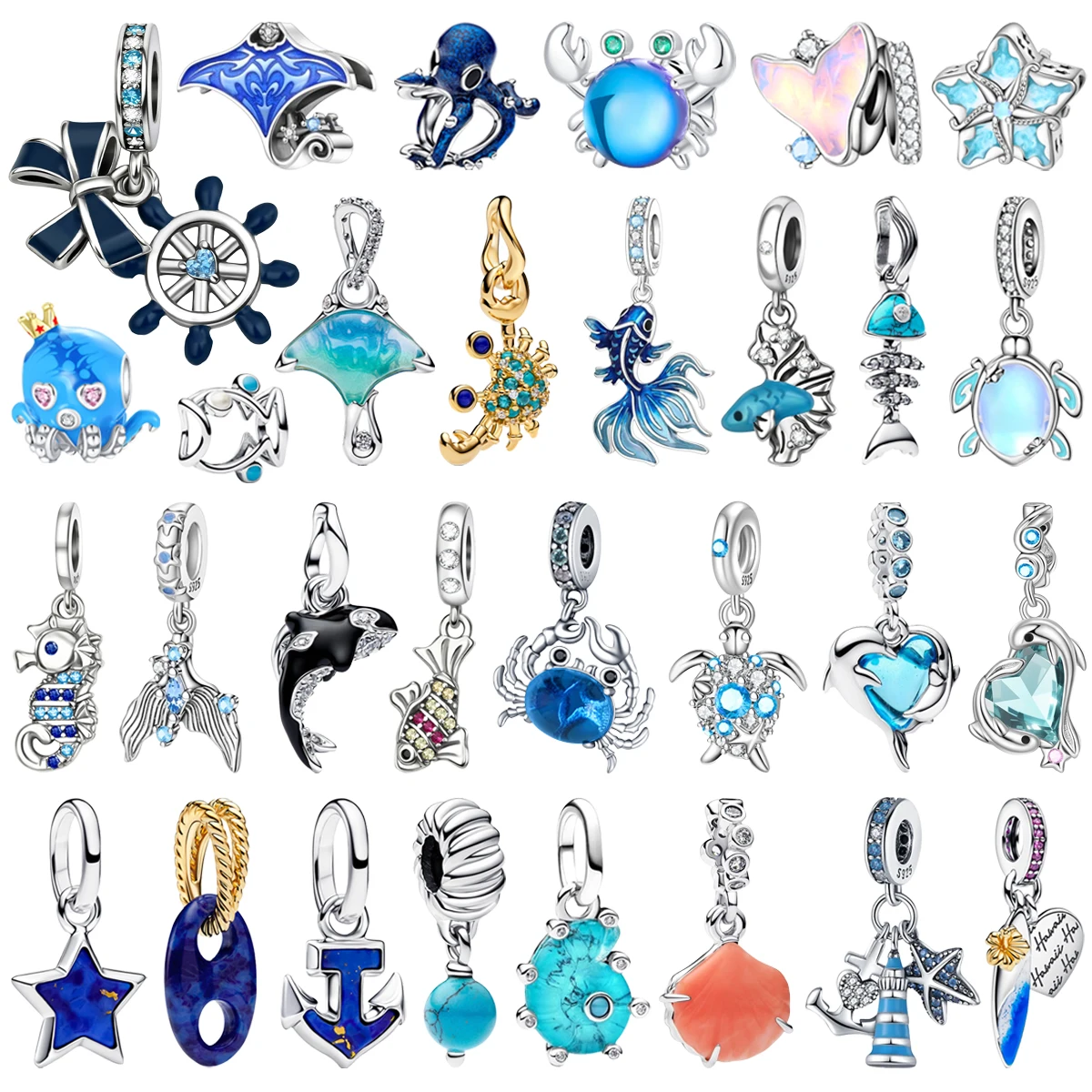 Hot Sale 925 Sterling Silver Blue Shell Conch Fish Sea Turtle Crab Octopus Bead Pendant Bracelet Necklace Women DIY Jewelry Gift