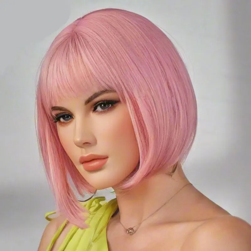 12Inch Pink Short Bob Synthetic  Wigs with Bangs -Straight Hair, Elegant Style for Daily and Party Use - Suitable for All Women