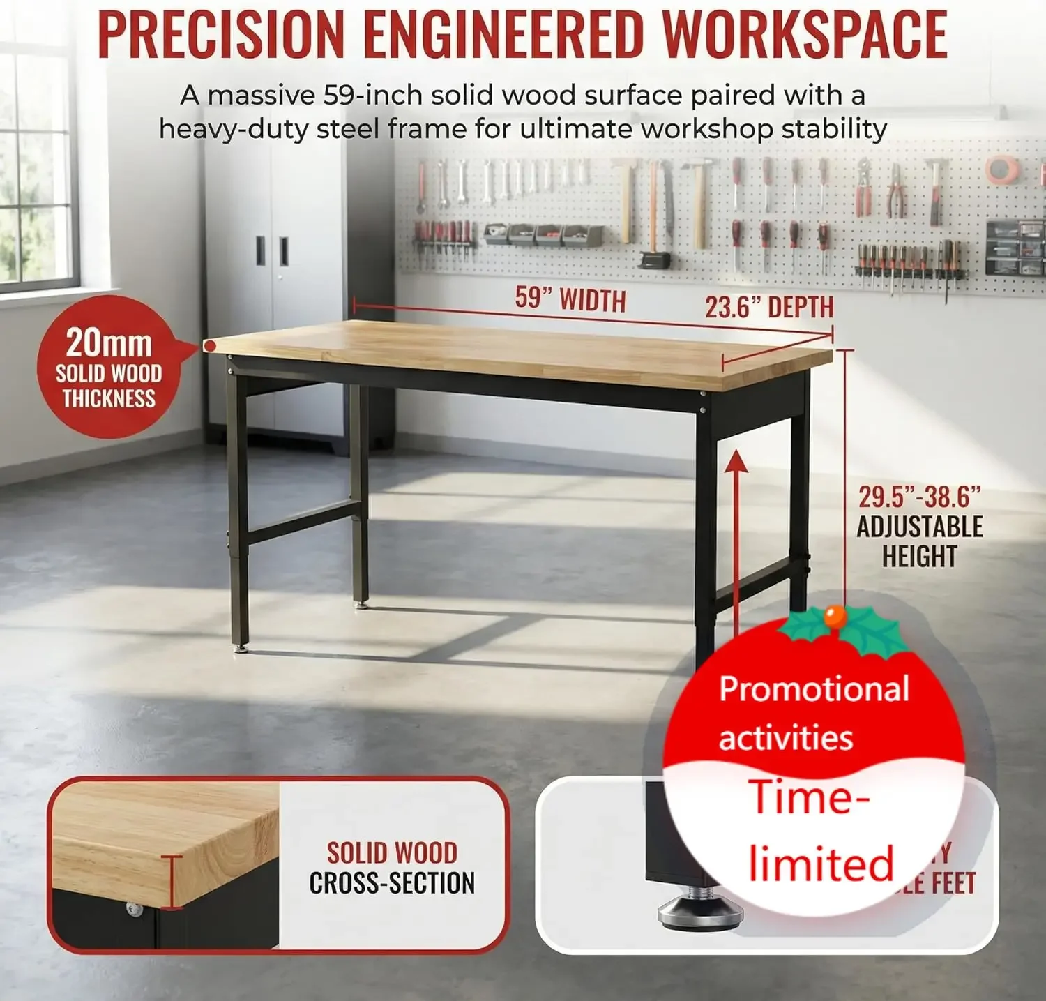 60 Inch Adjustable Workbench for Garage | Height Adjustable 29.5-38.6 Inches With Pegboard & Power Outlet, 2500 Lbs Load Capacit