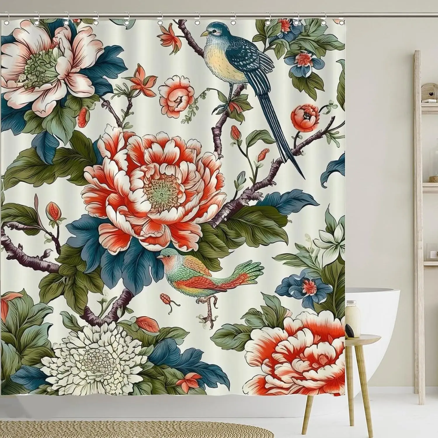 

Waterproof Shower Curtain with Hooks Bird in PeonyTree Coral Bath Curtain Red Peony Flower Animal Bird Polyester Fabric Bathroom