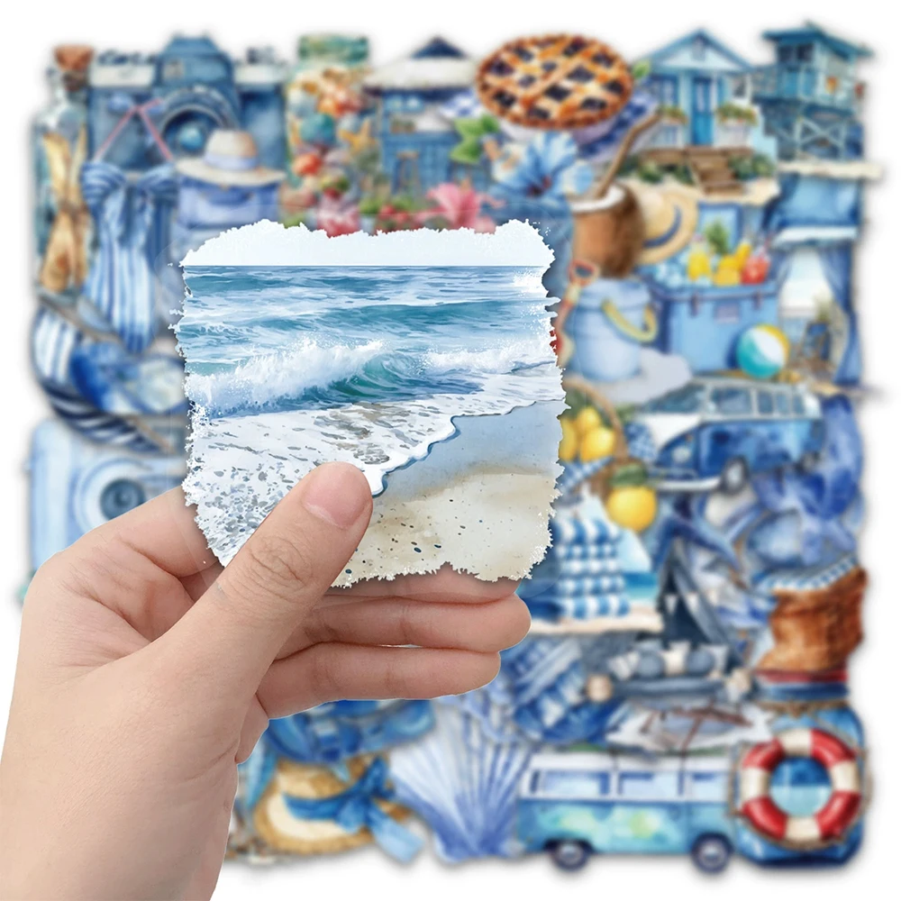10/30/50 قطعة ملصقات كرتونية صيفية زرقاء بأسلوب INS، ملصقات جرافيتي شفافة لطيفة وجمالية للهاتف والخوذة ولوح التزلج