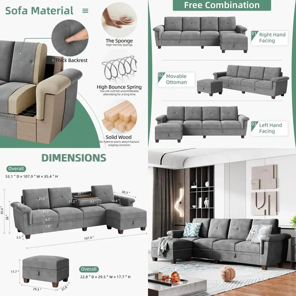 

Light Grey L-Shaped Sectional Sofa with Storage and Ottoman for Living Room & Office