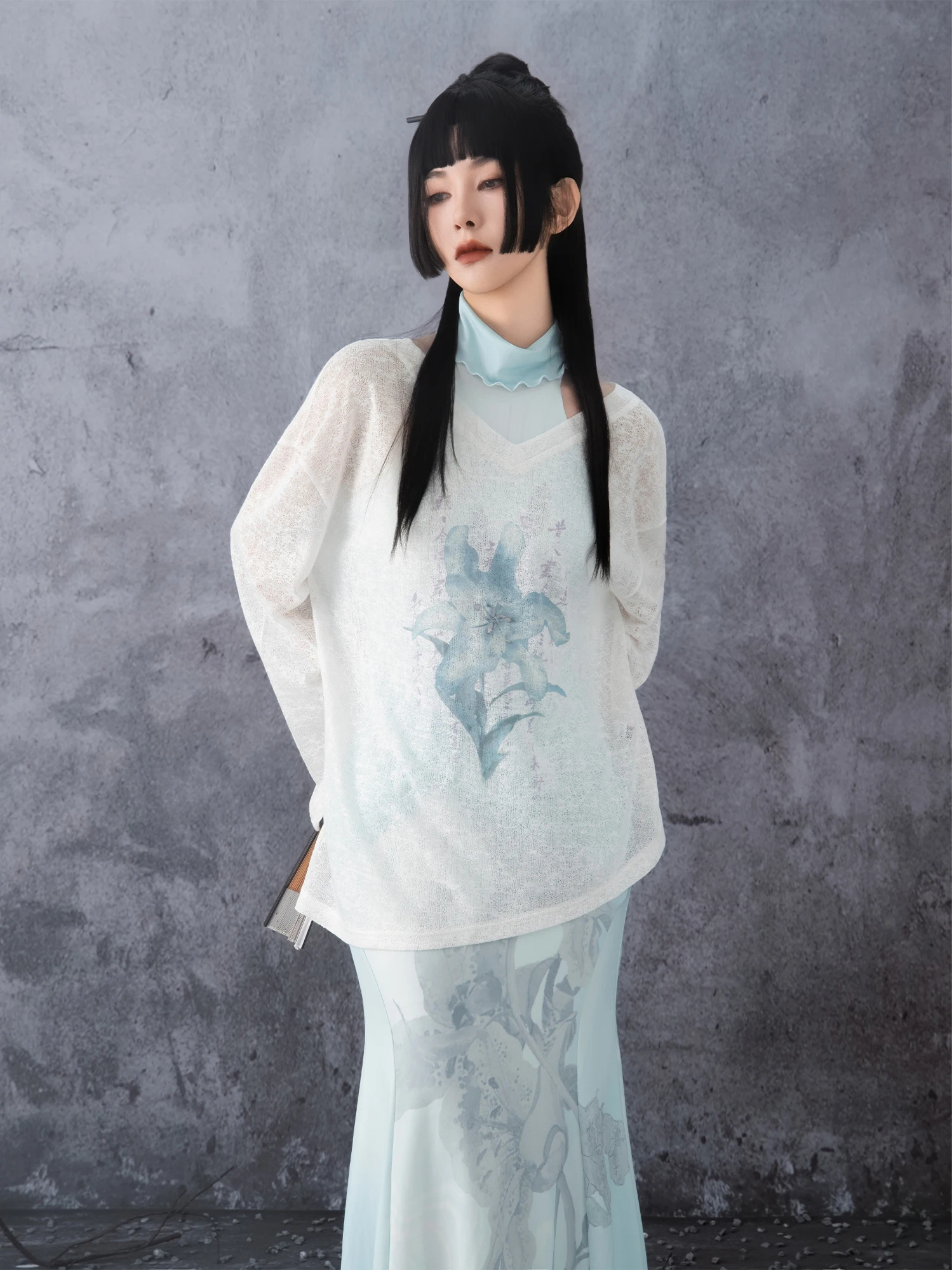 

Ele White Orchid Print V-Ne Thin Sweater Women's Loose Fit Knitted Long Sve Top Chinese New Sle Cold oulder