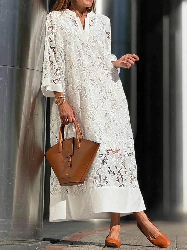 Casual V Neck Women Solid Long Dress Elegant Lady Three Quarter Sleeve Party Dress Sexy Hollow Out Lace Patchwork Dress Vestidos