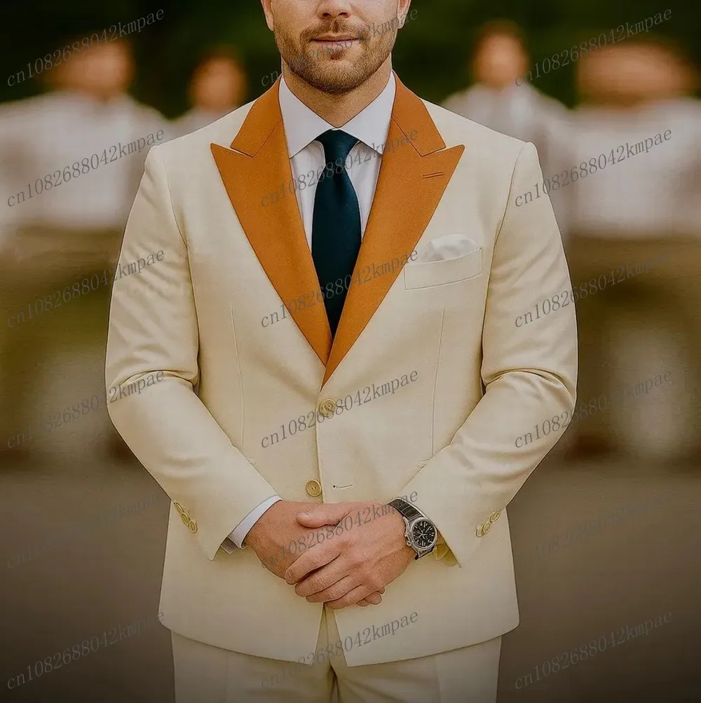 

New Gold Collar Beige Men Formal Tuxedos Groom Groomsman Wedding Party Prom Male Business Suit 2 Piece Set Blazer Pants