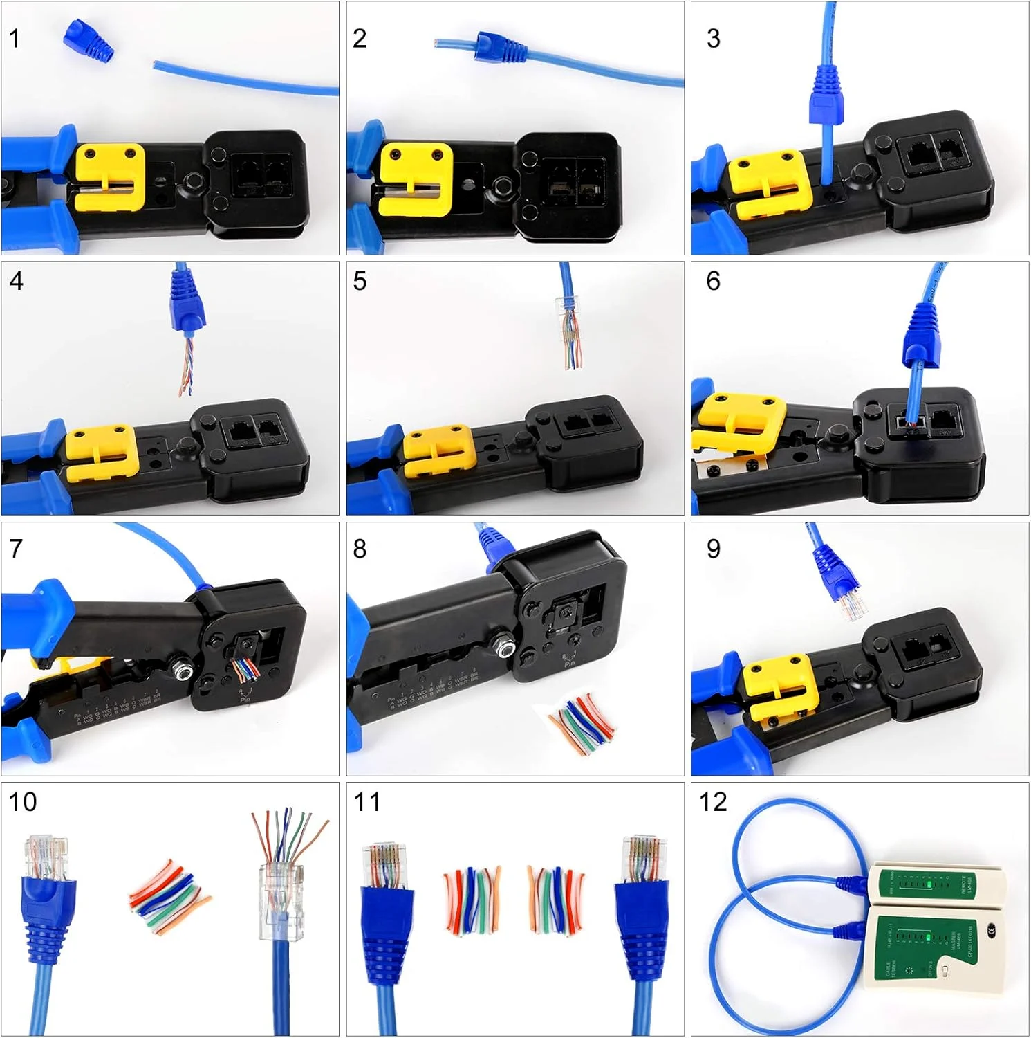 ZoeRax RJ45 Cat6/5e/5 압착 도구 키트(20PCS Cat6 패스 스루 커넥터 및 커버, 와이어 펀치 다운 커터, 케이블 테스터 포함)