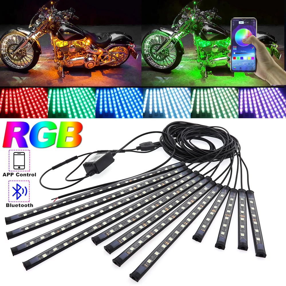 12pcs RGB LED Strips Motorcycle Under Glow Light Neon Decor Lamp Kit APP Control