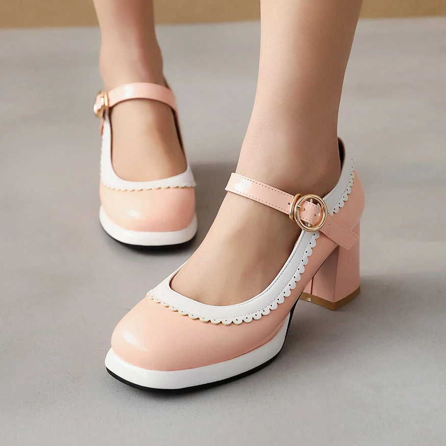 Women Mixed Colors Mary Jane Shoes Lolita High Heels Wedding Pumps Female Thick Heels Shoes Bridal Princess Footwear Plus Size