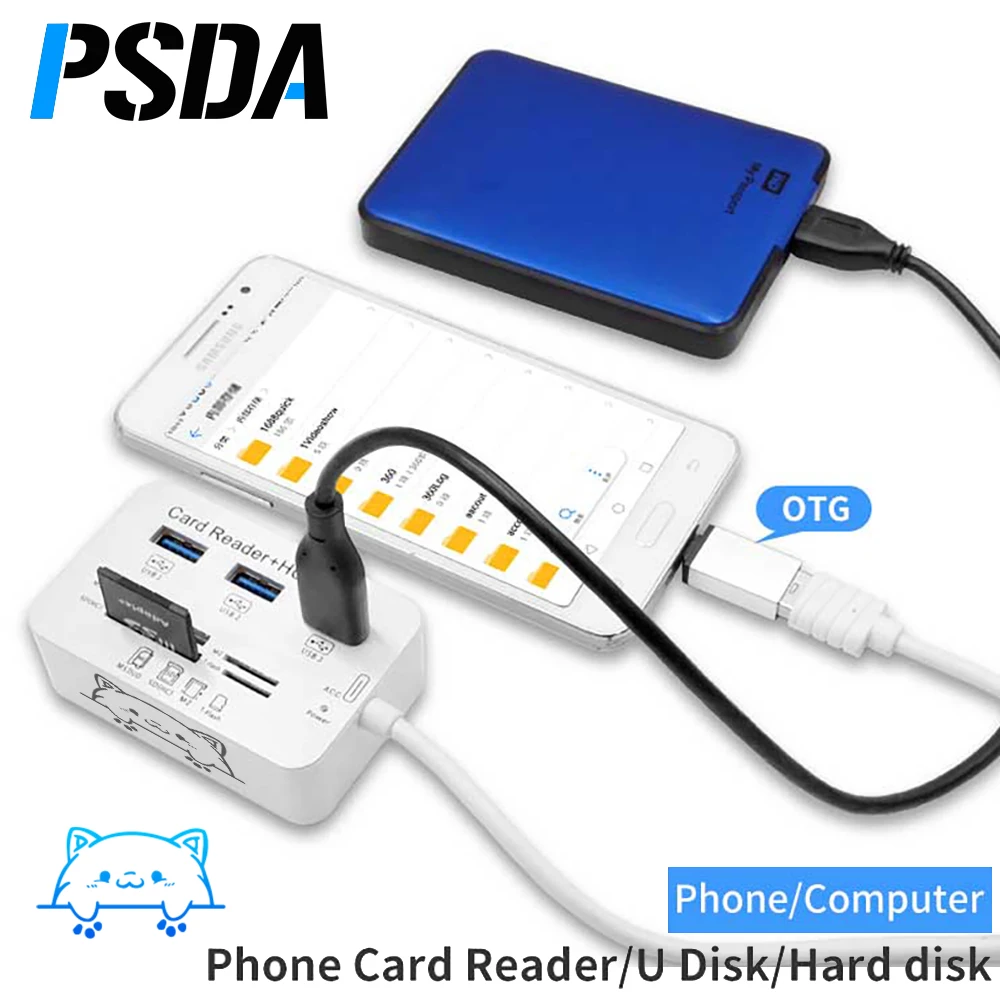 PSDA 3D CAT 7 in 1 USB Hub Card Reader Fast USB3.0 Expander SD TF Memory Card For U Disk PC Laptop Mouse Keyboard USB Hub Adapte