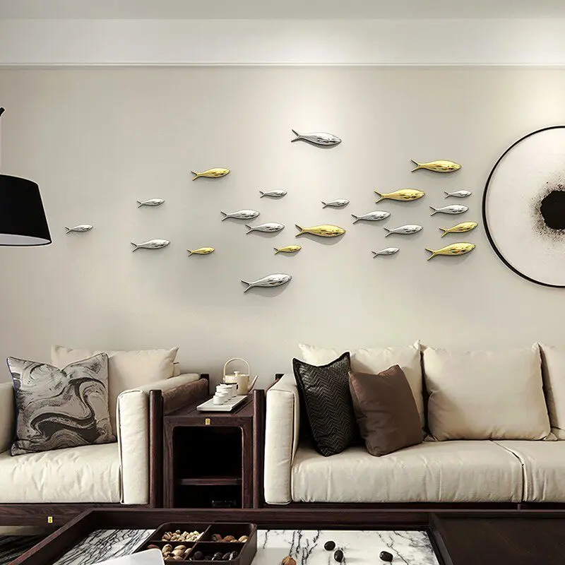 Creative Living Room Wall Decor, ABS Plated Metallic Shine Sardine Fish School, 12-22cm Art Craft for Sofa TV Background