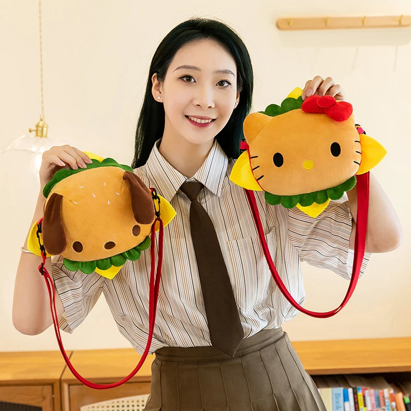 Kawaii Sanrio Hello Kitty Hamburger Funny Plush Shoulder Bags Cute Cartoon Stuffed Y2K Korean Style Crossbody Gifts For Girls