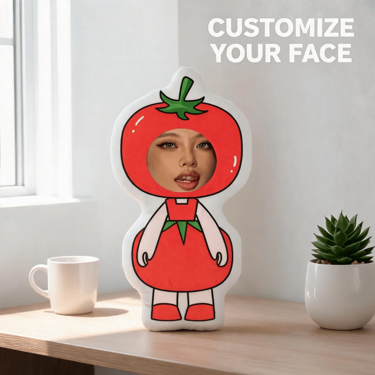 Custom Photo Tomato Costume Shaped Pillow, Personalized Face Decorative Cushion, Funny Red Character Home Decor for Sofa & Bedro