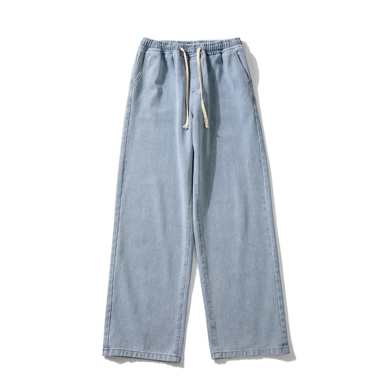 Straight Denim Pants Men Pant Jeans Lace Up Vintage Wash Loose Elastic Waist Trousers Y2k Streetwear Casual Loose 2026 Spring