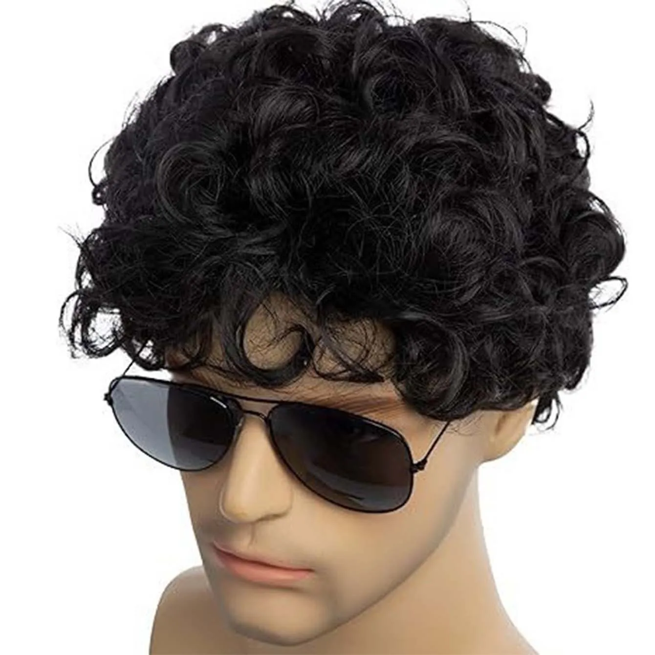 Pelucas negras cortas sintéticas con flequillo para hombres, cabello rizado esponjoso, resistente al calor diario, peluca masculina transpirable