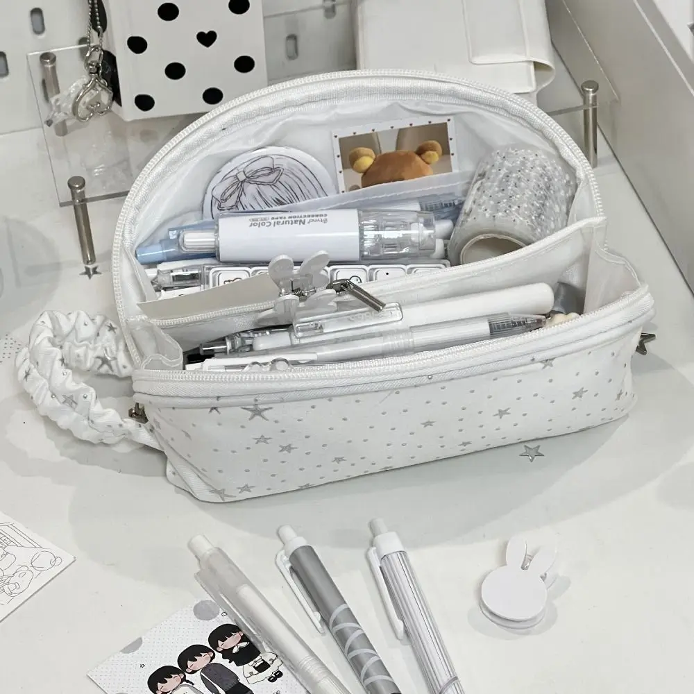 New White Pencil Case Star Print With Handle Pen Bag Shell-shape Large Capacity Pencil Pouch School Office