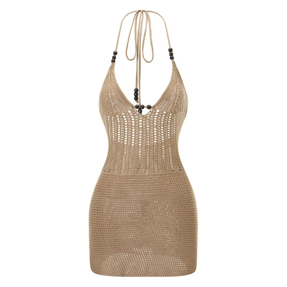 

Fashion V Neck Summer Beach Dress Hollow Out Loose Backless Halter Bathing Suit Vacation Bikini Sunscreen Smock for Women