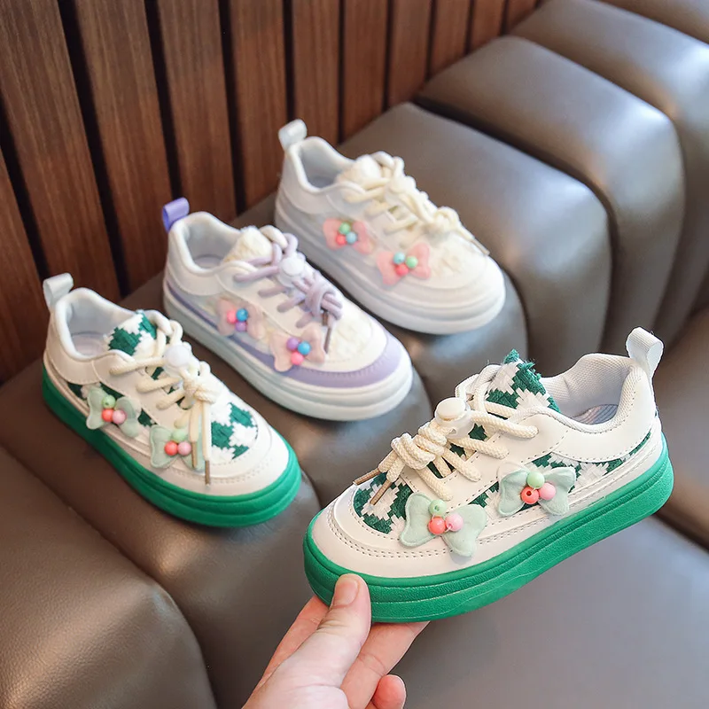 Children's Kids Casual Shoes 2023 New Spring Autumn Cute Flower Candy Bow Leisure PU Girl Adult Sneakers