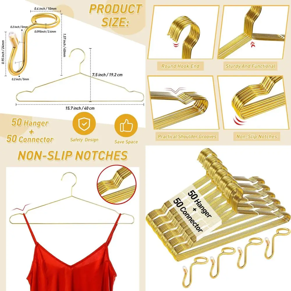

100 упаковок золотых компактных вешалок с 50 металлическими проволоками и 50 удлинительными крючками для курток, рубашек, платьев и шкафов для общежития.