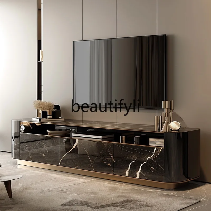 

Rock slab TV cabinet storage locker integrated light luxury hollow living room heightened floor cabinet